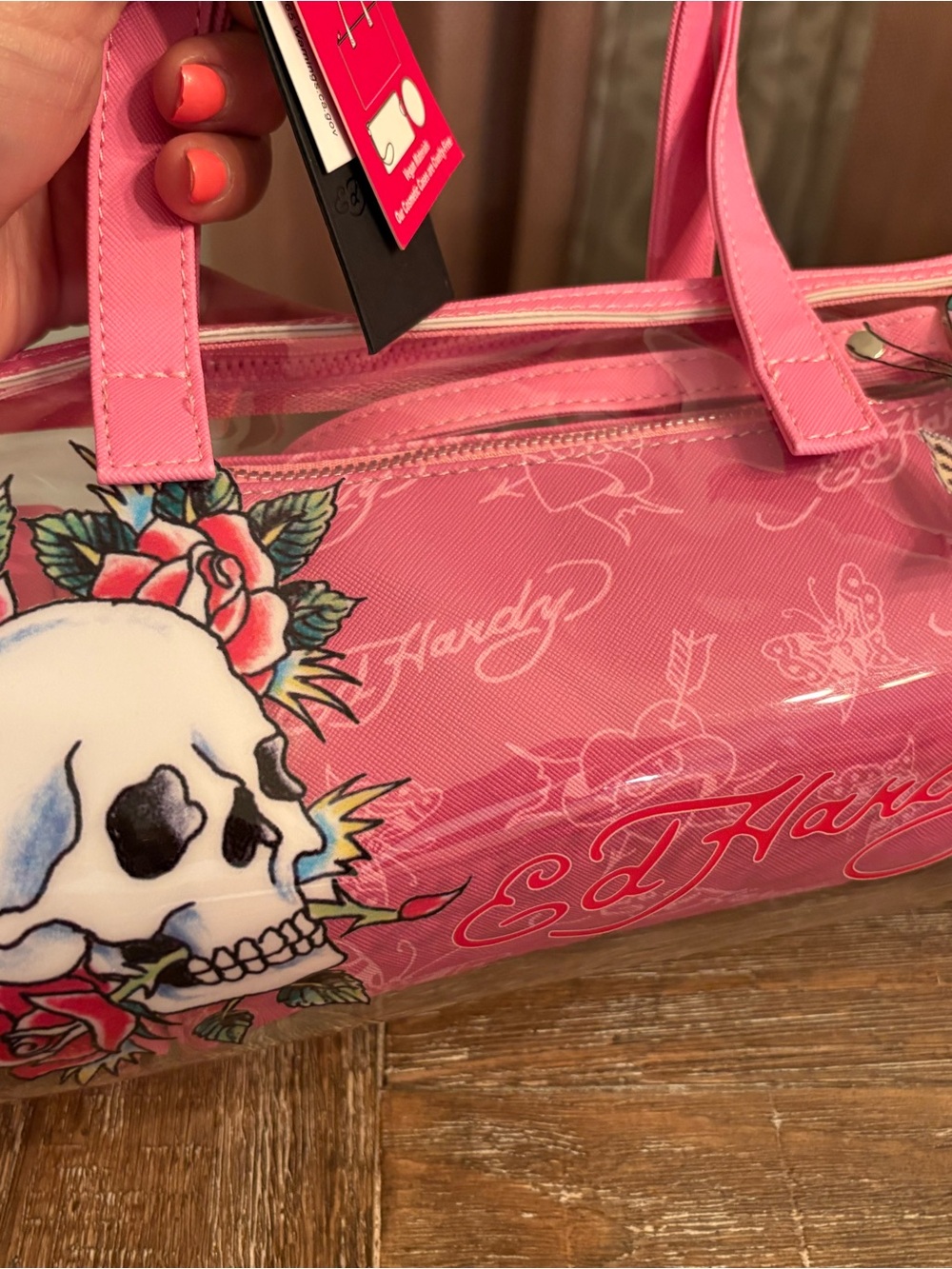 Ed Hardy Pink Skull & Rose Clear Barrel Tote Y2K